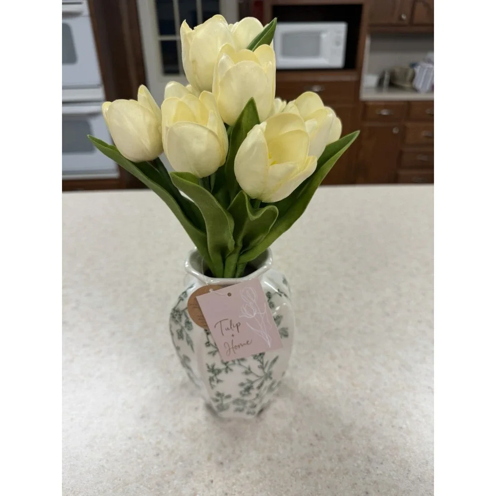 Tulip Home Artificial White Tulip Floral Arrangement Ceramic Vase Green Floral